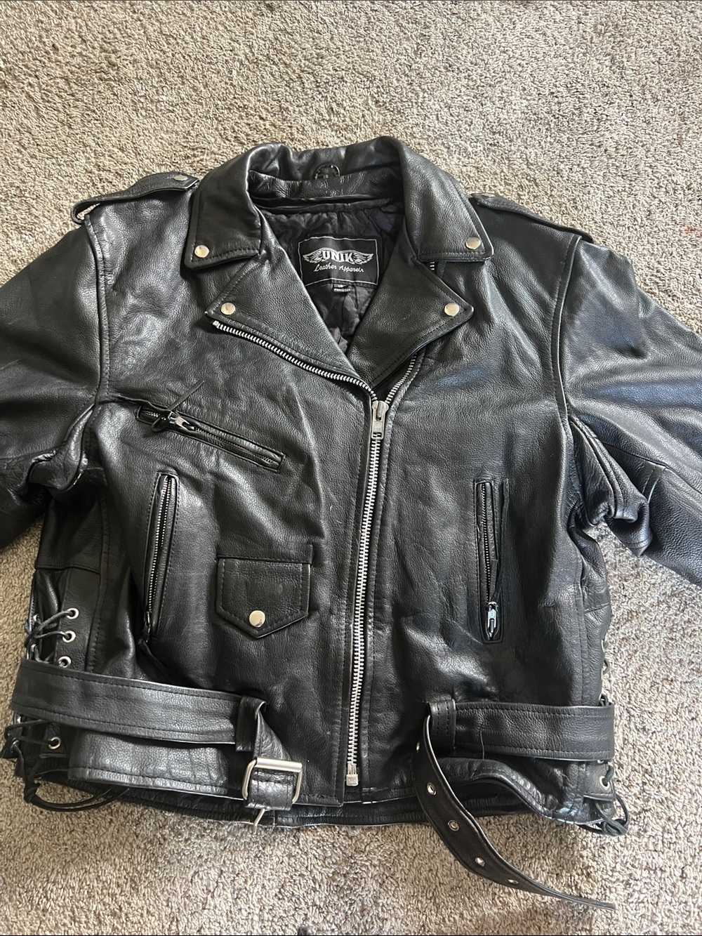 Unk Black Leather Bomber-Style Biker Jacket